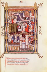 Fr 2091 fol.111 St. Denis pregando aos parisienses que quebram seus ídolos pagãos, de Vie de St. Denis, 1317