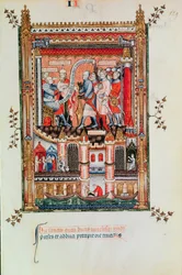 Fr 2091 fol.129 Sisinnius dando ordens a St. Denis e seus companheiros trazidos diante dele, de Vie de St. Denis, 1317