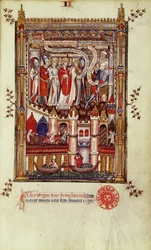 Fr 2092 f.1 O primeiro interrogatório de St. Denis e seus companheiros por Sisinnius, de Vie de St. Denis, 1317