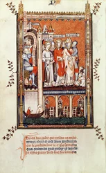 Fr 2092 f.37v Sisinnius mostrando os corpos de outros mártires para St. Denis e seus companheiros, de Vie de St. Denis, 1317