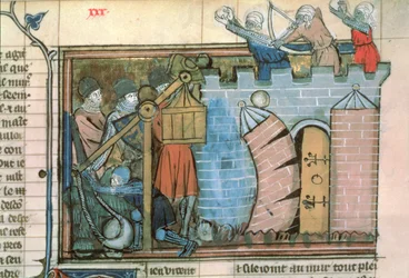 Fr 22495 fol.30 Um ataque a uma cidade durante as Cruzadas, do Le Roman de Godefroi de Bouillon