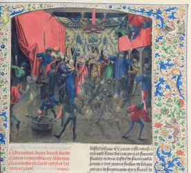 Fr. 2646, f.176 Bal des Ardents, Charles sendo salvo pela duquesa de Berry depois que Luís de Orleans atearam fogo às fantasias de dançarinos de 1392, de Froissarts Chronicle.