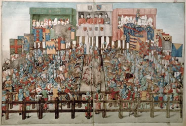 Fr 2692 f.62v-63r Rei René presidindo um torneio de justas, do Torneio de Livro de Rene dAnjou, c.1488-89
