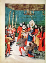 Fr. 2692 f.70v A Rainha apresentando o prêmio para um torneio de justa, de Livre de Tournois de René dAnjou, c.1488-89