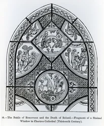 Fragmento de um vitral na Catedral de Chartres, representando a batalha de Ronceveaux e a morte de Roland, ilustração da ciência e literatura na idade média e Renascença, writt
