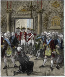 Maçonaria no Hôtel de Soissons em Paris, em junho de 1745: cerimónia maçónica interrompida pela chegada de um comissário de polícia. Gravura em « Paris à travers les siècles », Gourdon de Kenouillac, 1880.