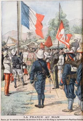 A França assumindo os territórios de Krat e Koh-Kong, Sião após o Tratado de 1904 acordado entre os siamenses e os franceses, ilustração do "Le Petit Journal" de Fevereiro de 1905 (gravura)