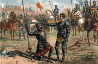 Francisco I da França pede para ser cavaleiro do Cavaleiro Bayard após vitória na Batalha de Marignano, Itália