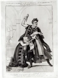 Francois-Joseph Talma (1763-1826) como Hamlet e Mademoiselle Duchenois como Gertrude, no "Hamlet" de Shakespeare adaptado por Jean-François Ducis, depois de 1769