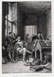 François 1st no estúdio de Robert Estienne - gravura