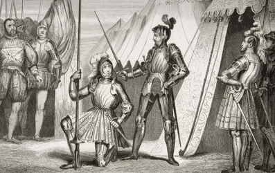 François I (1494-1547), cavaleiro do capitão Bayard após a batalha de Marignano, da "Histoire de France" de Colart, publicado em 1840