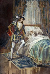 François I Rei de França recebe os últimos suspiros de Leonard de Vinci (Leonardo da Vinci) no Clos Luce. Cromolitografia por volta de 1890.