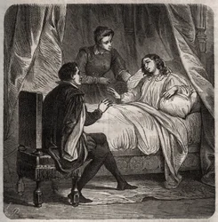 Françoise de Foix, Condessa de Chateaubriant (ca. 1495-1537), doente, recebe Clement des Marets dit Marot (1496-1544), o camareiro de François 1st, na cama. Gravura de 1871 em "Histoire Des Cocus Celebres" de Henry de Kock (1819-1892).