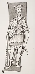 Chefe ou rei franco armado com um scramasax, depois de uma miniatura do século IX, de "Le Moyen Age et La Renaissance", de Paul Lacroix (1806-84), publicado em 1847