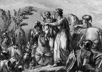 Fredegonde (545-597), Rainha da Neústria, segurando nos braços o futuro Clothary II (584-628); 584. Gravura do século XVIII.