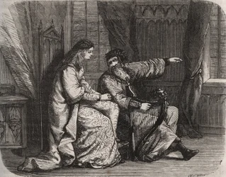 Fredegonde (545-597) confia suas preocupações ao harpista Barbantini porque seu amante Chilperic (então o Rei dos Francos Chilperic I (543-597), não se casou com ele. 565. Gravura de 1871 em "Histoire Des Cocuses Celebres" de Henry de Kock (1819-1892