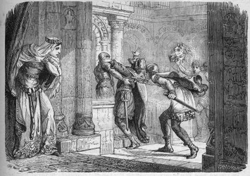Fredegonda (c. 545-597), rainha da Nêustria, mandou assassinar Chilperico I (539-584) em 584. Gravura em „A história da prostituição e da devassidão entre todos os povos do mundo desde a Antiguidade até aos dias de hoje“, do Dr. Th.-F. Debray. 1879.