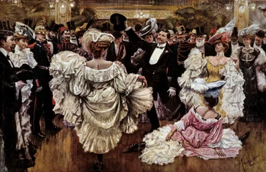 Bailarinas francesas de Cancan durante um espetáculo num cabaré, início do século XX (gravura)