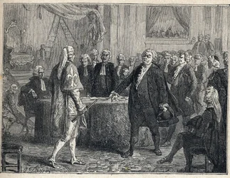Revolução Francesa - Assembléia Geral em 23-06-1789: Honore Gabriel (Honore-Gabriel) Riqueti, Conde de Mirabeau (1749-1791), apóstrofo Henri Evrard (Henri-Evrard), Marquês de Dreux Breze (Dreux-Breze) (1762-1829). Gravura de 1889. Coleção privada.