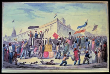 Revolução Francesa: "Uma mascarada anti-religiosa em Novembro de 1793" Aguarela anónima de 1793. Biblioteca do Arsenal de Paris