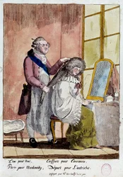 Revolução Francesa: Cartoon sobre a fuga da família real para Varenne em 20 e 21/06/1791: O Rei Luís XVI, ao estilo da Rainha Maria Antonieta, deveria partir com o passaporte falso de governanta dos filhos da Baronesa de Korff. Cor anónima