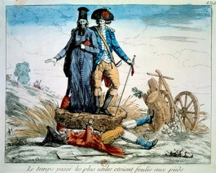 Revolução Francesa: caricatura sobre as três ordens: «O tempo passa, os mais úteis eram as multidões aos pés». O clero e a nobreza (exército) esmagam o terceiro estado sob o peso dos impostos e das corveias. 1789, Paris, Musée Carnavalet
