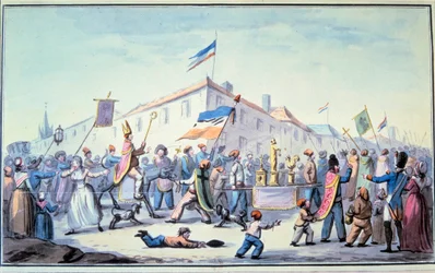 Revolução Francesa: "Formada a Mascarada do povo veste-se com roupas sacerdotais". Aquarela anónima. 1793. Paris, Biblioteca do L