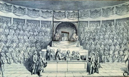 Revolução Francesa: o rei Luís XVI (1754-1793), ao leme, é interrogado por Antoine Barnave (1761-1793) durante o seu julgamento perante a Convenção Nacional, que decidirá sobre a sua sentença de morte em 21/01/1793. Desenho anónimo de cerca de 1793.