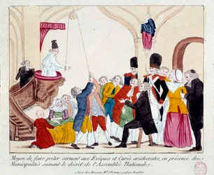 Revolução Francesa: «Meio de fazer prestar juramento aos bispos e párocos aristocráticos, na presença das municipalidades, em conformidade com o decreto da Assembleia Nacional». É utilizada uma roldana para lhes levantar o braço. Gravura popular do século