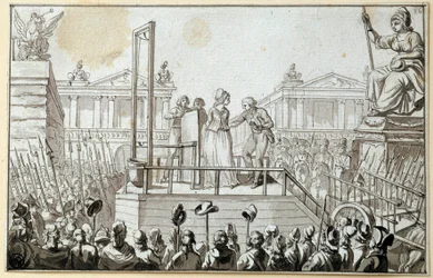 Revolução Francesa: "A rainha Maria Antonieta (1755-1793) no cadafalso em outubro de 1793" Desenho a tinta preta anónimo. Sol de 1793. 0,096x0,15 m. Paris, Museu do Louvre