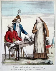 Revolução Francesa: representação caricatural de um membro do clero forçado a devolver os bens da Igreja. «Devemos devolver a César o que é de César e à Nação o que é da Nação.» Gravura de 1790. Paris, Bibliothèque de l