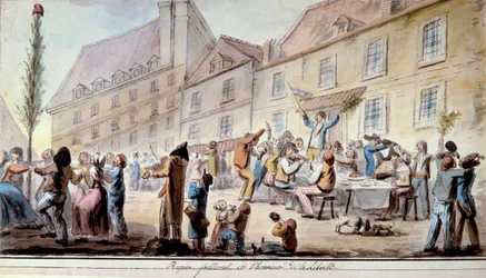 Revolução Francesa: refeição fraterna em honra da liberdade, em junho de 1793. Patriotas e parisienses celebrando a Liberdade. O lema "Liberte, egalite, fraternidade" surgiu pela primeira vez neste período. A aguarela de 1793. Paris, Biblioteca do Arsenal