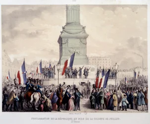 Revolução Francesa de 1848: proclamação da Segunda República ao pé da coluna de julho na Place de la Bastille em 25/02/1848. Litografia do século XIX. Paris, Museu Carnavalet