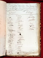 Revolução Francesa: folha de um registo de presenças de 26/12/1797 (6 de Nivoso do ano VI), com as assinaturas das pessoas que frequentaram um Instituto Nacional. Paris, Academia das Ciências