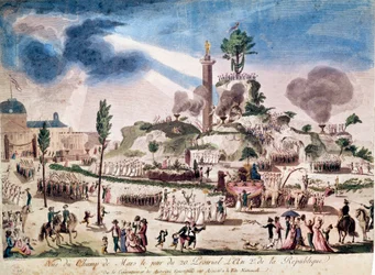 Revolução Francesa: a Festa do Ser Supremo nos Champs de Mars em 8/06/1794 (20 Prairial An II). Gravura anónima do século XVIII.