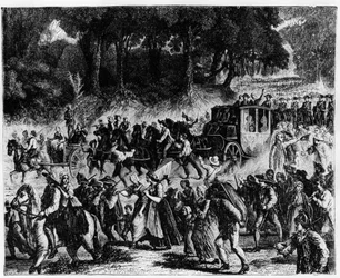 Revolução Francesa: a chegada da família real (Luís XVI e Maria Antonieta) a Paris, 5 de Outubro de 1789 - gravura.