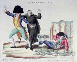 Revolução Francesa: o despertar do Terceiro Estado. Caricatura sobre as três ordens. Libertou-se das suas correntes sob os olhares assustados do exército e dos clérigos. Gravura francesa de 1789. Paris, Biblioteca Nacional.