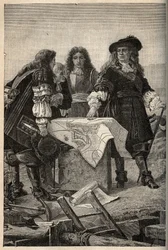 O arquitecto francês Vauban elabora os planos das fortificações de Belfort (leste de França) a pedido de Luís XIV em 1687 - Sebastien Le Prestre de Vauban donnant les plans des fortifications de Belfort - gravação em "PATRIE" - DESCRIÇÃO PECTUREQU