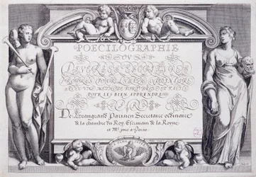 Caligrafia francesa: Poecilografia, frontispício, de Baptiste de Beaugrand, em 1606.
