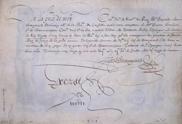 Caligrafia francesa: Recu a favor de Bernard de Beaugrand delivre a 2 de Julho de 1623. Biblioteca histórica da cidade de Paris.