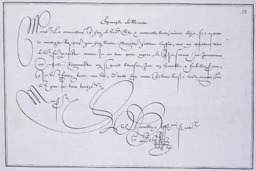 Caligrafia francesa: Tecnografia, "exemplo de minuto" de Guillaume Le Gangneur por volta de 1599. Biblioteca histórica da cidade de Paris.
