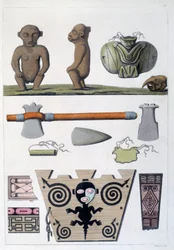 Colônias francesas: objetos dos Arhuacos, os primeiros habitantes da Martinica nas Índias Ocidentais. Gravura dos Chartres do século XIX, Musee des Beaux Arts