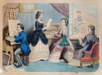 Placa de moda francesa retratando atividades artísticas, 1867