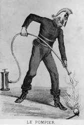 Bombeiro francês por volta de 1866 - desenho, Bibl. des Arts deco.