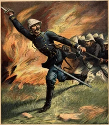 Oficial francês em Tonkin (Indochina) durante uma batalha contra o exército chinês; 1891. Gravura em "La Terre Illustree" n°69 de 25 de fevereiro de 1892.