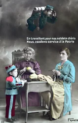 Postal patriótico francês retratando o papel das mulheres durante a Primeira Guerra Mundial 1914-18, 1915