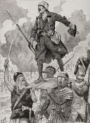 Cartaz de propaganda francesa intitulado "On Les Aura", ou Nós os teremos. Quatro soldados de diferentes períodos históricos carregam um soldado ferido mas desafiante da Primeira Guerra Mundial num escudo. Da Agenda Buvard du Bon Marche publicada em 1917.
