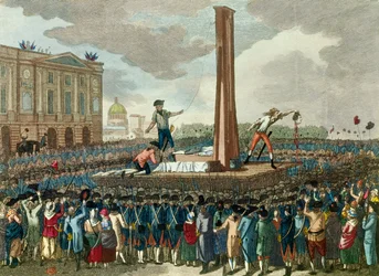 Revolução Francesa: execução na guilhotina do rei Luís XVI (1754-1793), o carrasco apresenta a sua cabeça decepada. Gravura a partir de um desenho de Fious. Século XVIII. Paris, Musée Carnavalet