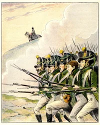 Soldados franceses durante a Batalha de Waterloo (lito colorido)