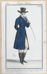 Casaco com chapéu de palha, calças de nanquim e botas macias, 1819